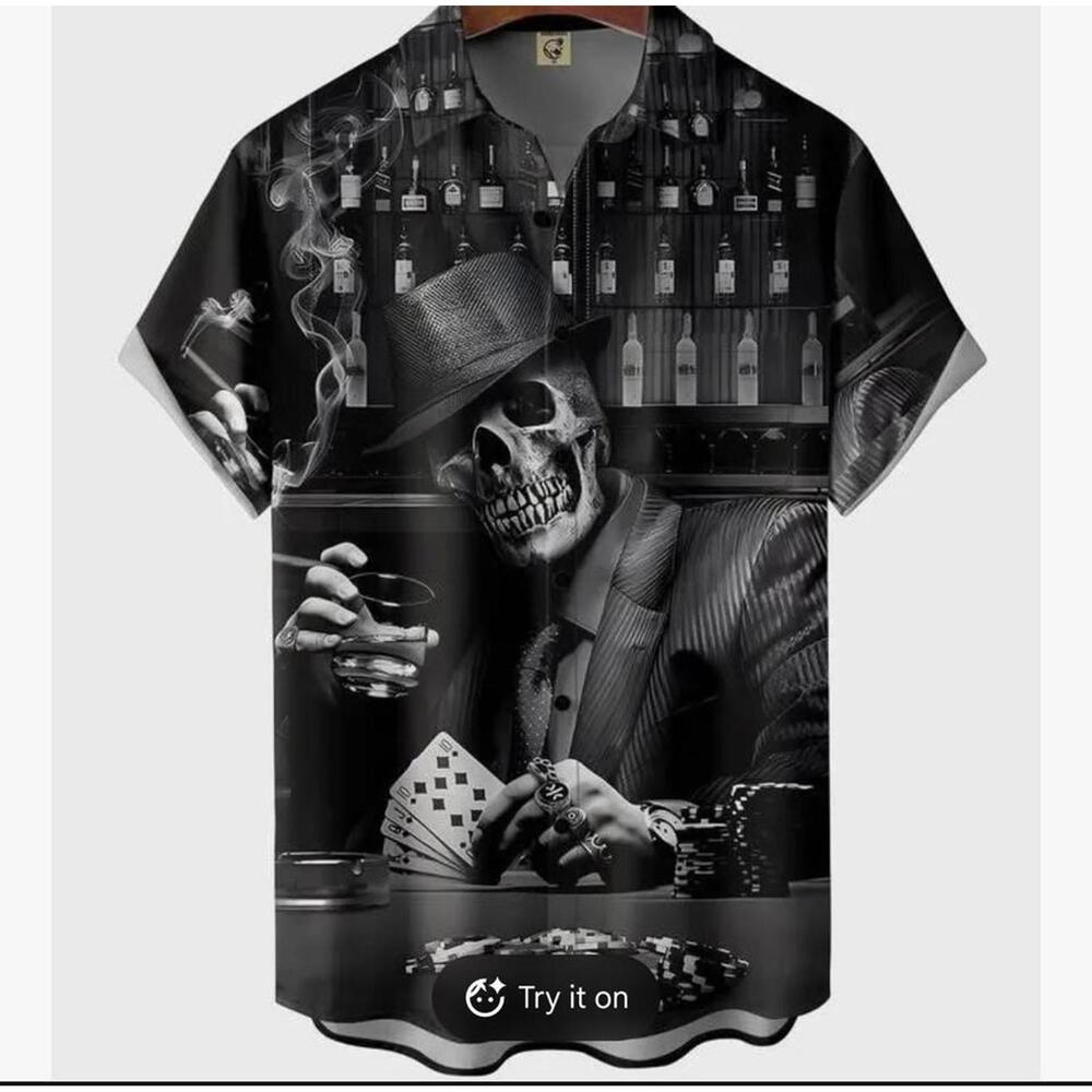 Nerd OutLoud Black Poker Skeleton Graphic Polo Shirt Men’s L